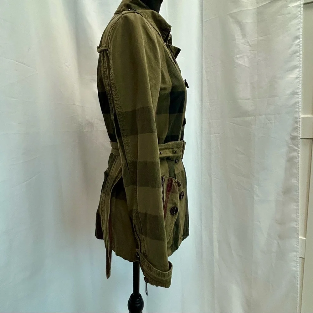 Burberry Brit Check Trench Coat Jacket double breasted Short Linen green belted - Picture 3 of 16